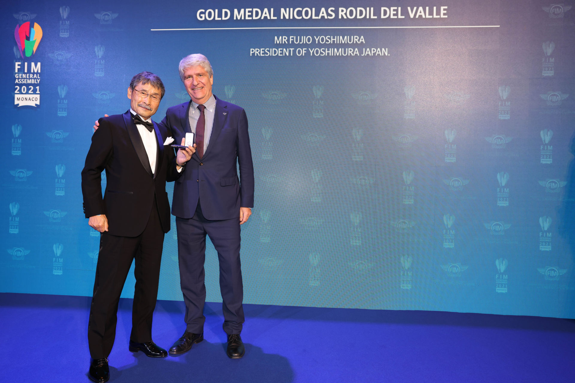 Yoshimura Japan President Fujio Yoshimura (left) receives the ‘Gold Medal Nicolas Rodin del Valle’ from FIM President Jorge Viegas in Monaco. Photo by David Reygondeau/@goodshoot, courtesy Team Suzuki Press Office.