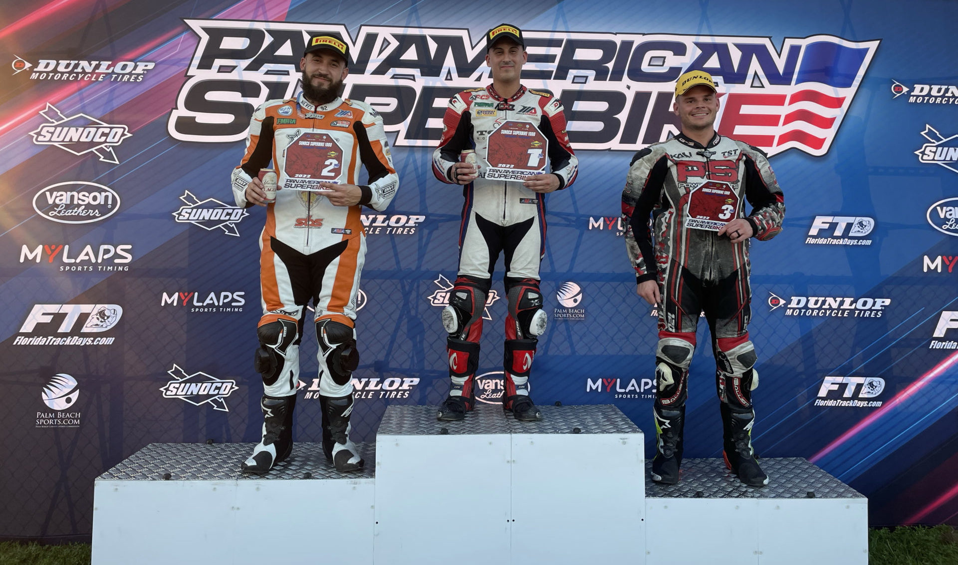PanAmerican Superbike Sunoco Superbike 1000 race winner Alex Arango (center), runner-up Alex Nieves Jr. (left), and third-place finisher Todd Wagner (right). Photo courtesy PanAmerican Superbike.