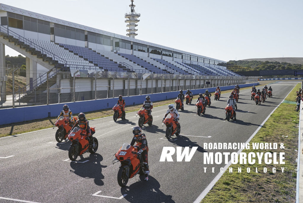 New KTM RC 8C owners line up on the grid at Jerez behind Dani Pedrosa (26) and Mika Kallio (82). Last on the grid is Chris Ulrich. Photo courtesy KTM.