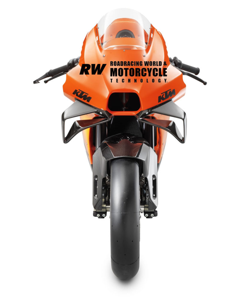 Front view of the KTM RC 8C and its MotoGP-derived centered ram-air intake scoop and winglets. Photo courtesy KTM.