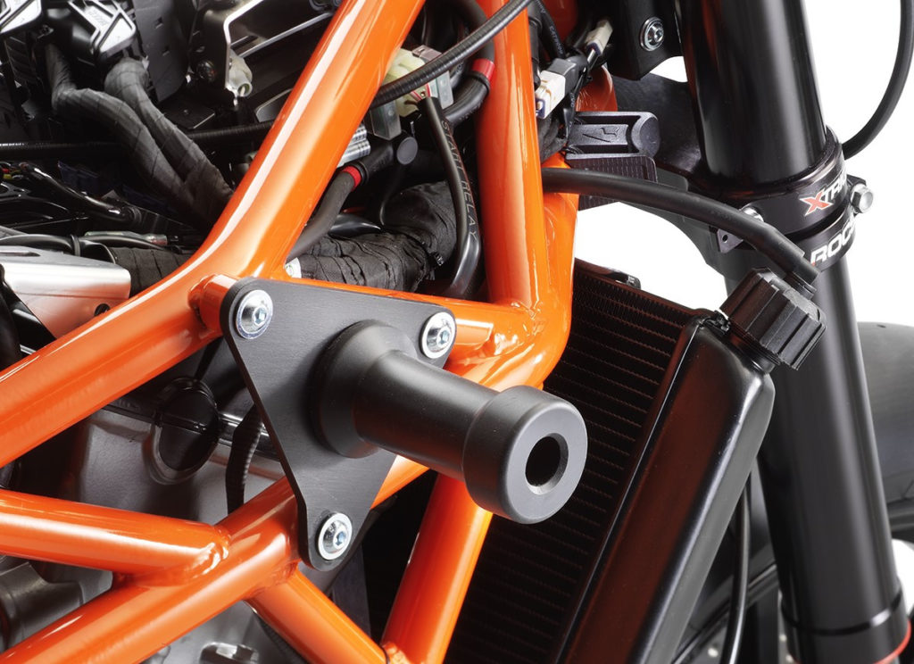 A close up of one of the KTM RC 8C’s bolt-on frame sliders. Photo courtesy KTM.