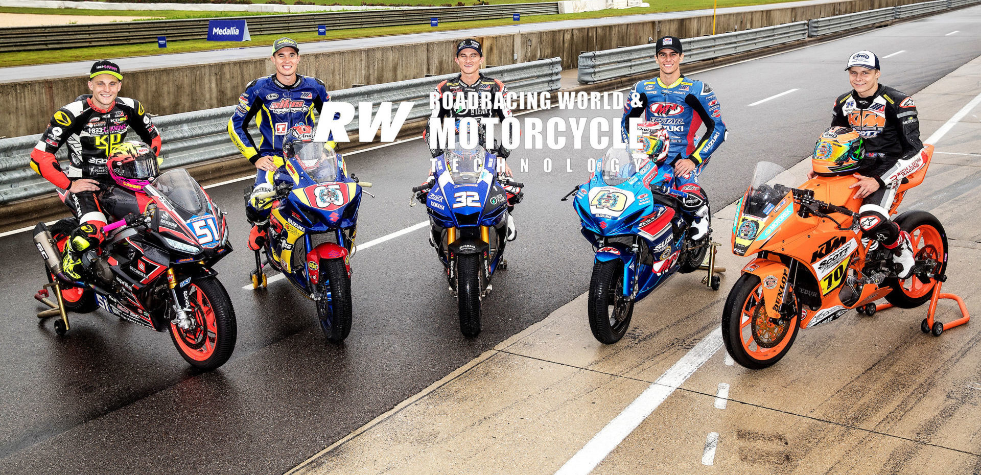 The 2021 MotoAmerica Champions assemble at Barber Motorsports Park. From left, Twins Cup Champion Kaleb De Keyrel (51) and his Aprilia RS 660; Stock 1000 and Superbike Cup Champion Jake Lewis (85) and his Suzuki GSX-R1000R; Honos Superbike Champion Jake Gagne (32) and his Yamaha YZF-R1; Supersport Champion Sean Dylan Kelly (40) and his Suzuki GSX-R600; and SportbikeTrackGear.com Junior Cup Champion Tyler Scott (70) and his KTM RC390. Photo by Brian J. Nelson.