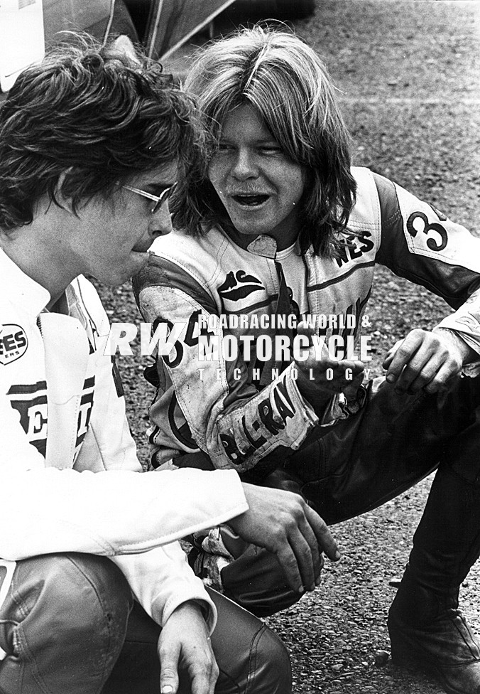 Wes Cooley (right) talks to Gary Fisher (left) on the pre-grid during an AMA event weekend in 1976. Photo by John Ulrich.