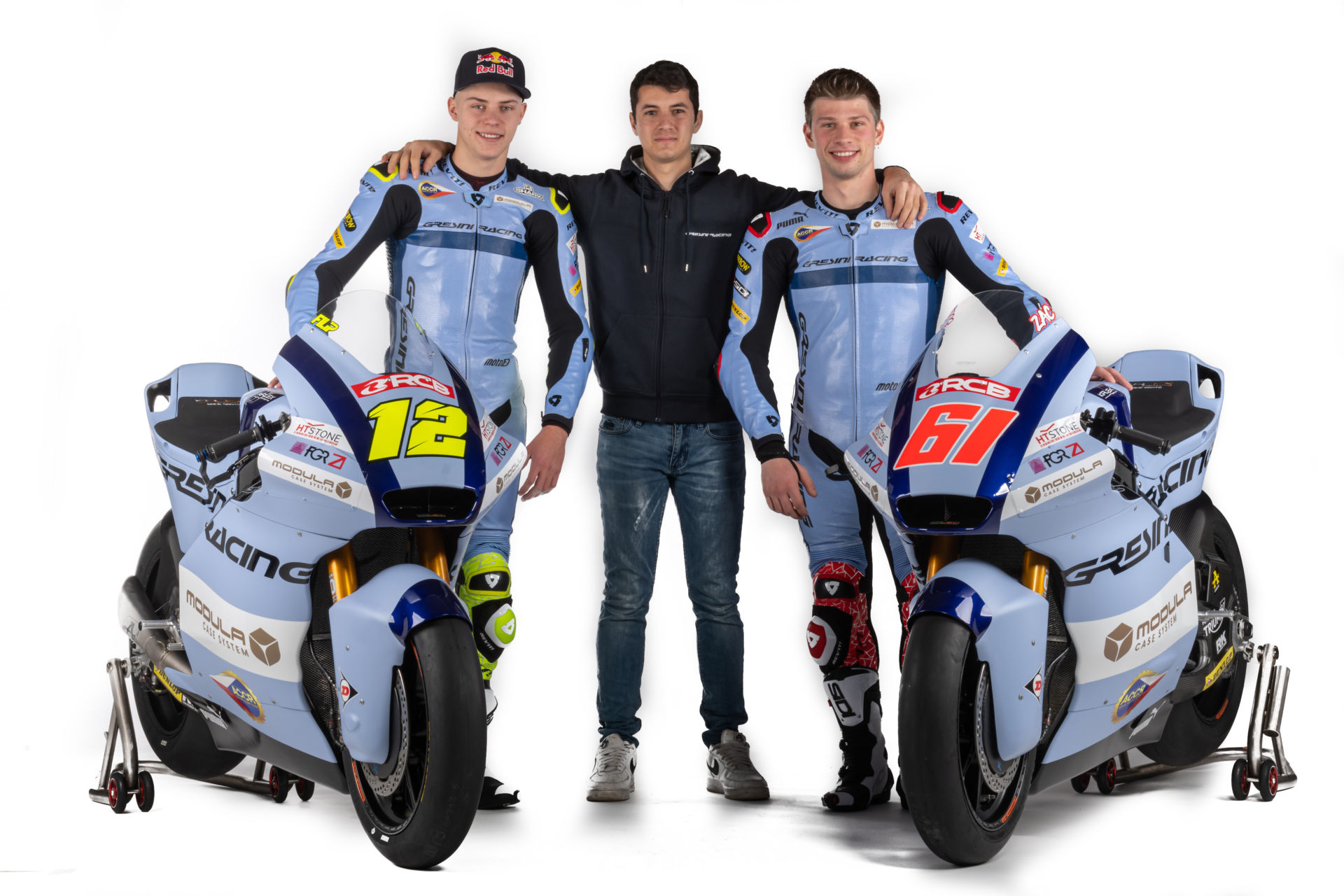 Gresini Moto2 Team's Filip Salač (left), Team Manager Luca Gresini (center), and Alessandro Zaccone (right). Photo courtesy Gresini Racing.