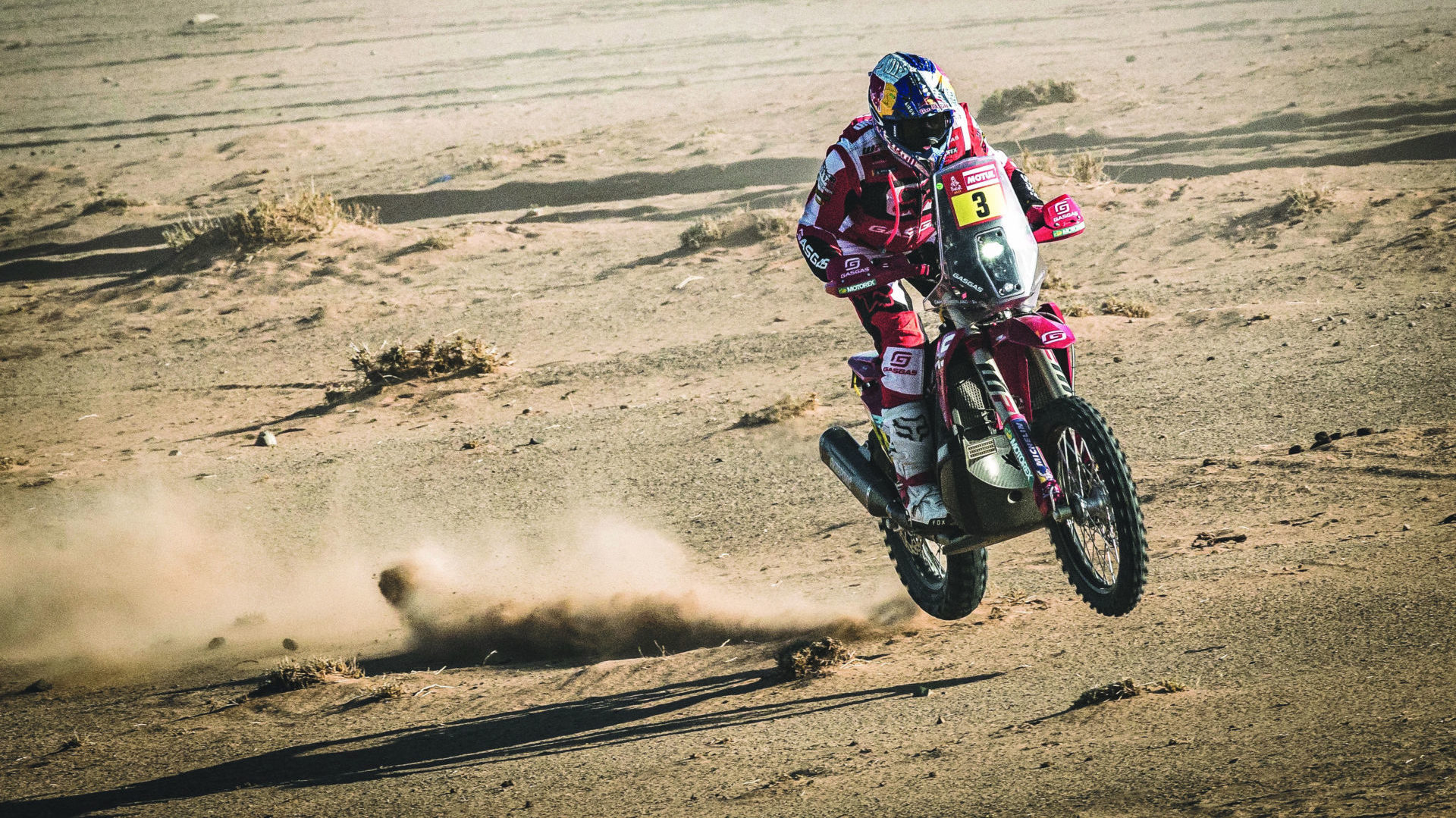 Sam Sunderland (3) in action during Stage Eight of the Dakar Rally Monday in Saudi Arabia. Photo by Rally Zone, courtesy GASGAS Factory Racing.