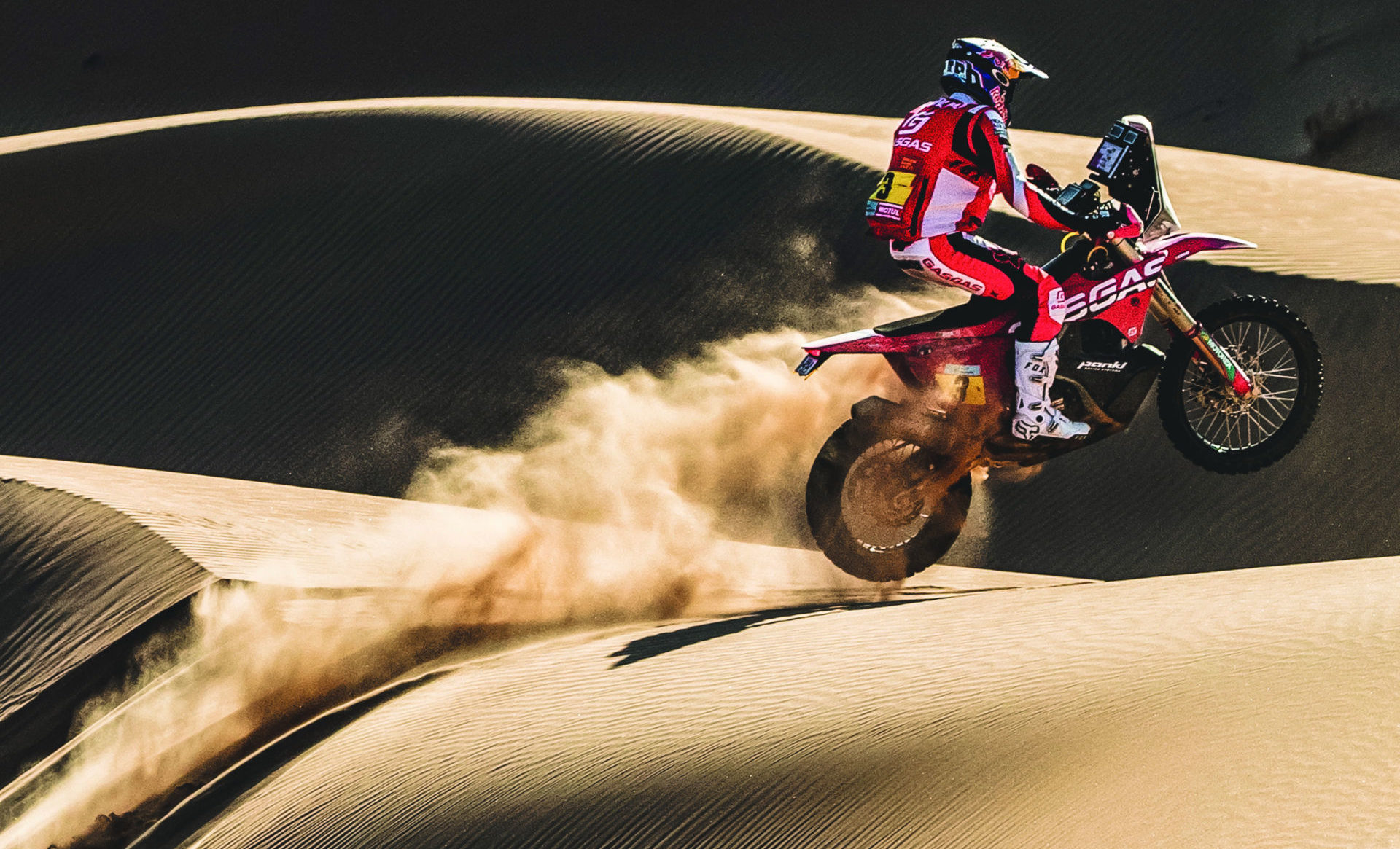 Sam Sunderland (3) in action during Stage 12 of the Dakar Rally. Photo by Rally Zone, courtesy GASGAS Factory Racing.
