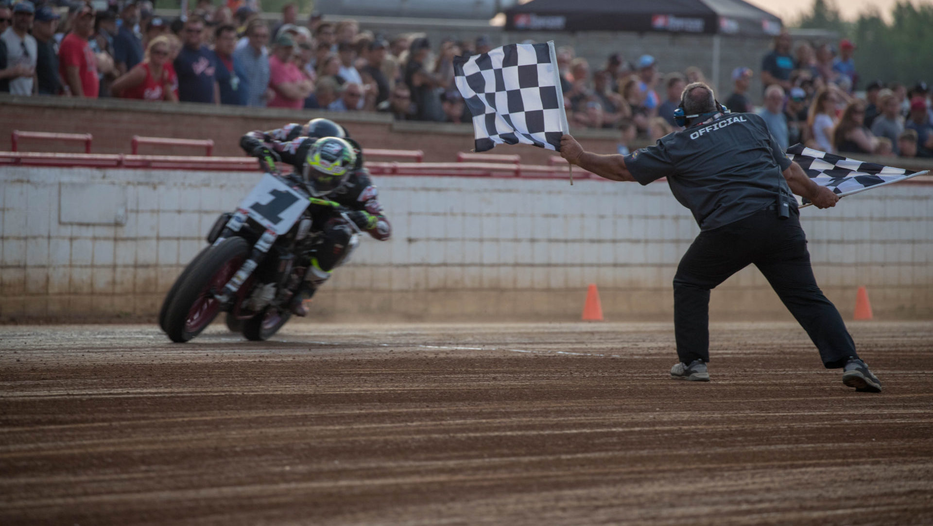 Jared Mees (1) takes the checkered flag at the Red Mile in 2019. Photo courtesy AFT.