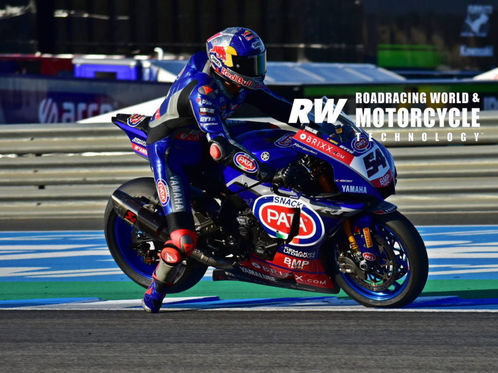 Toprak Razgatlioglu (54) in his natural habitat - rear wheel in the air, forks compressed, ready to dive for the apex. “If the rear is not up, I’m not trying hard enough,” the 2021 Superbike World Champion says. Photo by Michael Gougis, copyright 2021.