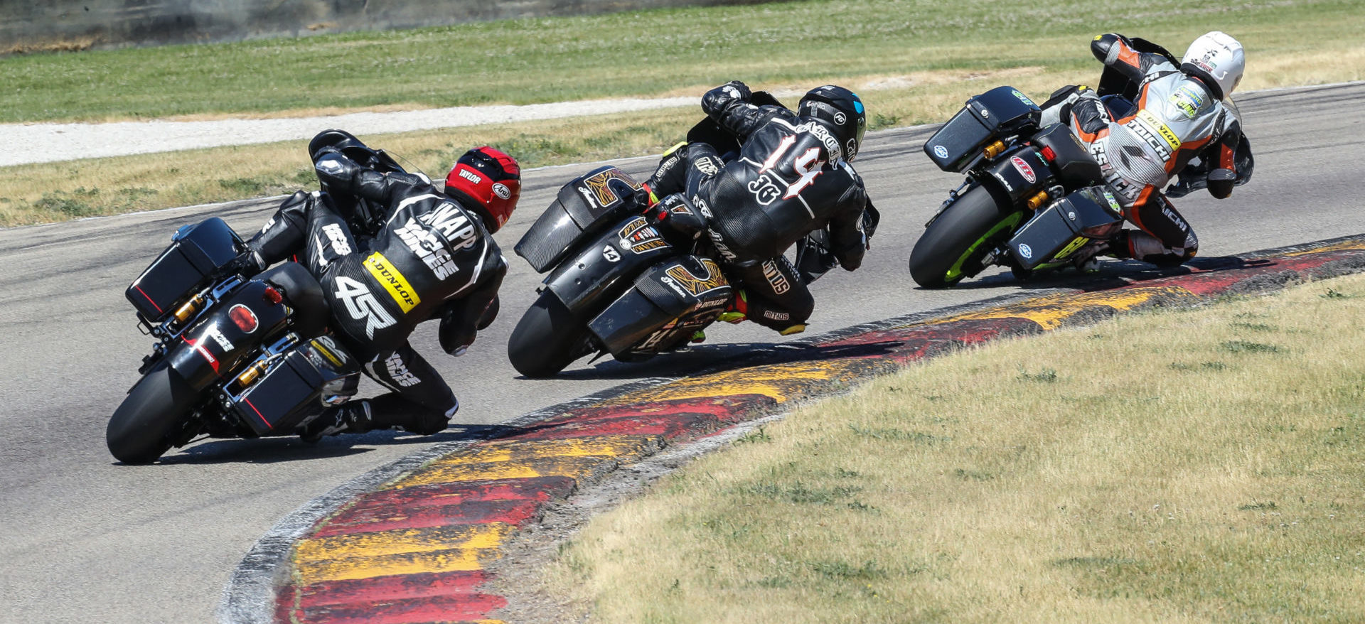 Danny Eslick leads Frankie Garcia and Taylor Knapp during the MotoAmerica King Of The Baggers race at Road America in 2021. Photo by Brian J. Nelson.