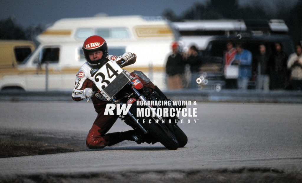 Wes Cooley (34) on a Yoshimura Kawasaki Z1 Superbike at Daytona in 1979. Photo by John Ulrich. Copyright 2018, Roadracing World Publishing, Inc.