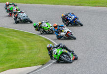 Action from the 2021 Liqui Moly Pro Sport Bike Championship with Christian Allard (69) leading Elliot Vieira (33), David MacKay (82), Jake LeClair (811), Philippe Masse (28), and Vincent Levillain (76). Photo by Damian Perieira, courtesy CSBK.