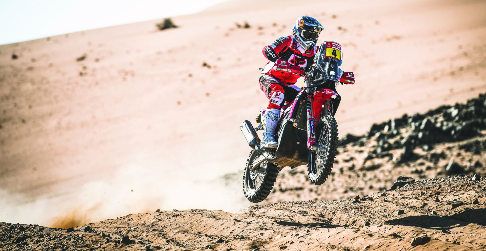 Daniel Sanders (4) during Stage 1B at the Dakar Rally. Photo by Rally Zone, courtesy GASGAS Factory Racing.