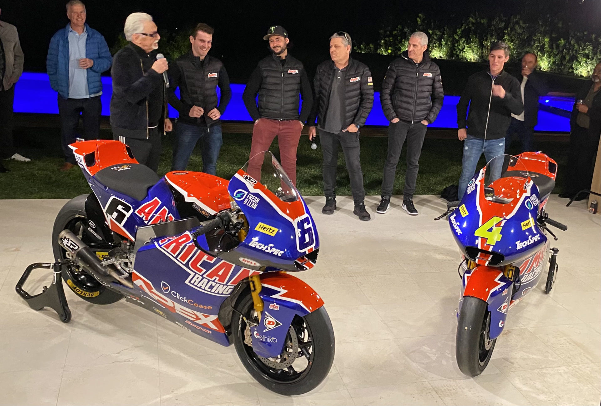 Realty TV star, motorcycle enthusiast, and emcee Barry Weiss (front left, with microphone) introduces American Racing Team's (left to right from Weiss) Cameron Beaubier, John Hopkins, Eitan Butbul, Avner Kass, and Sean Dylan Kelly January 18 in Hidden Hills, California. Photo by David Swarts.