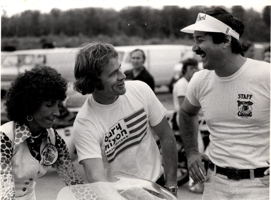 John Jacobson (right) with his wife Shirley Jacobson and racer Gary Nixon. Photo courtesy John Jacobson Collection.