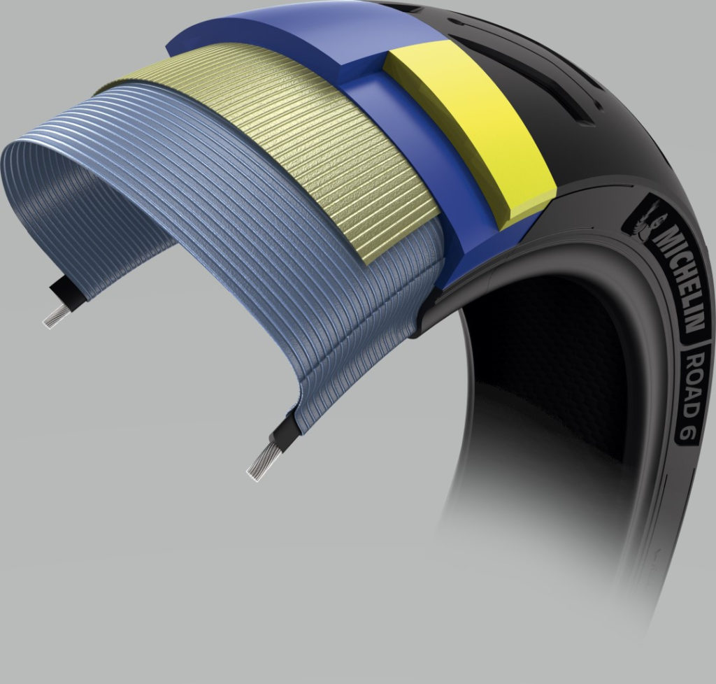A cut-away view of a rear Michelin Road 6 tire. Photo courtesy Michelin.
