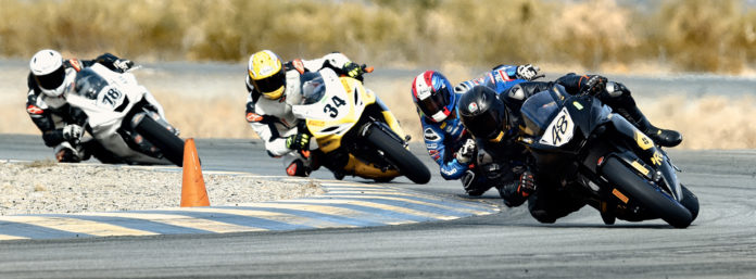 Chad Lewin (48) leads Sam Lochoff (behind Lewin), Rennie Scaysbrook (34), and Alejandro Thermiotis (78) in a CVMA race. Photo by CaliPhotography.com, courtesy CVMA.