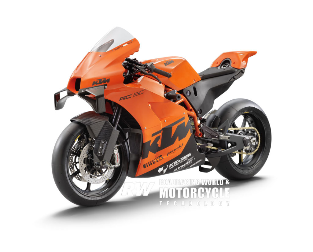 The KTM RC 8C comes with a carbon-fiber aerodynamic front fender and carbon-fiber winglets. The fuel tank is integrated into the tail section, underneath the seat; note filler cap behind the seat pad. Photo courtesy KTM.