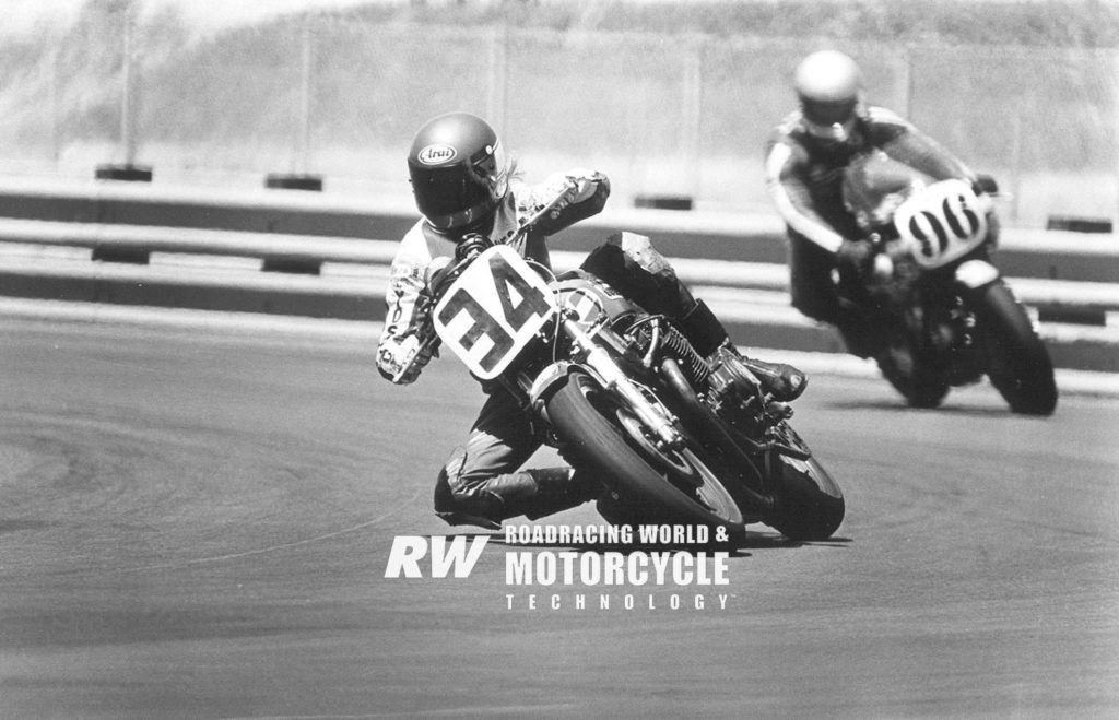 Wes Cooley (34) leads Paul Ritter (96) in a race at Sears Point in 1978. Photo by John Ulrich.  Copyright 2018, Roadracing World Publishing, Inc.