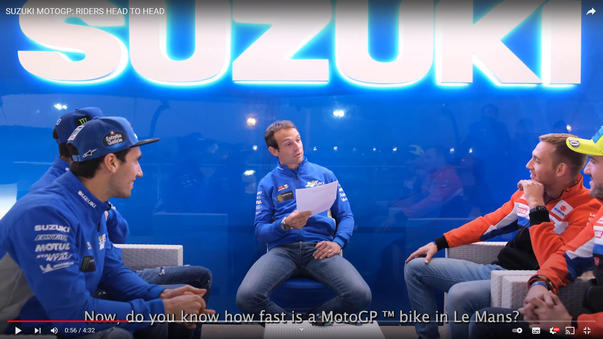 Sylvain Guintoli (center) hosts a quiz between Suzuki MotoGP riders Joan Mir and Alex Rins (left) and Suzuki endurance riders Gregg Black and Xavier Simeon (right). Photo courtesy Team Suzuki Press Office.