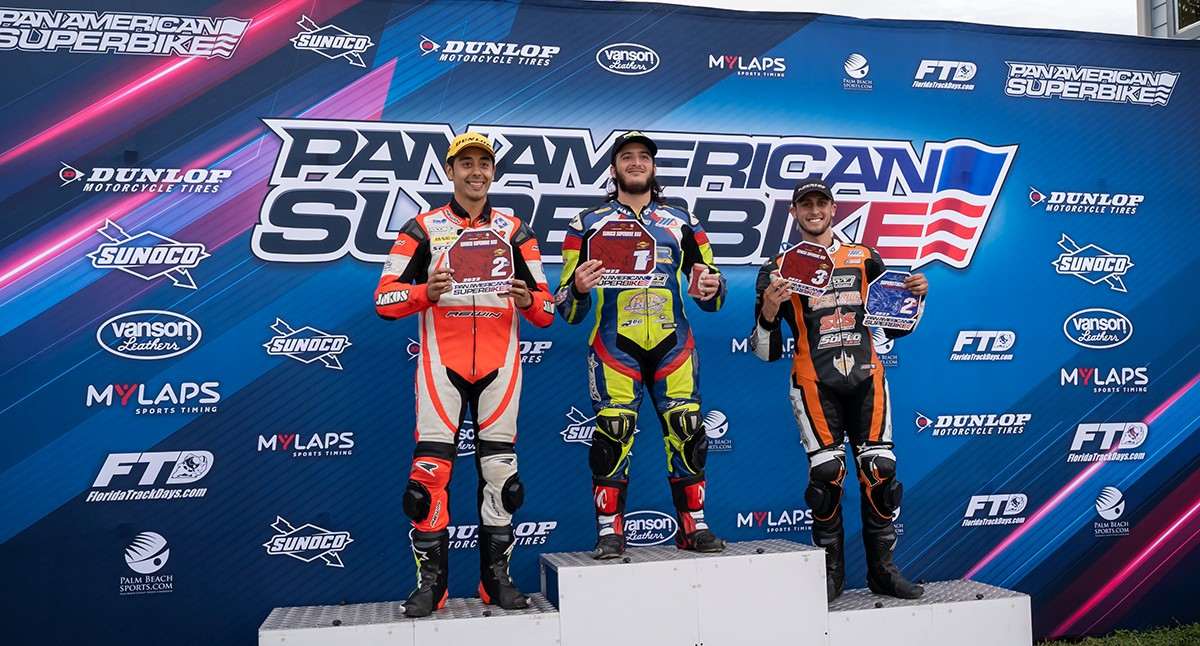 Sunoco Superbike 600 race winner Max Angles (center), runner-up Hernan Medina (left), and third-place finisher Christian Miranda (right). Photo by Maxwell Ross-Johnson, courtesy PanAmerican Superbike.