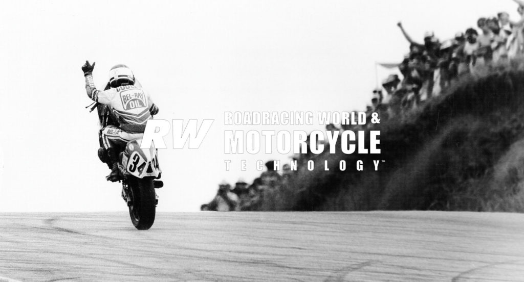 Wes Cooley (34) wheelies his Yoshimura Suzuki GS1000 and waves to the crowd after the finish of an AMA Formula One race at Road Atlanta in 1980. Photo by Mary Grothe.