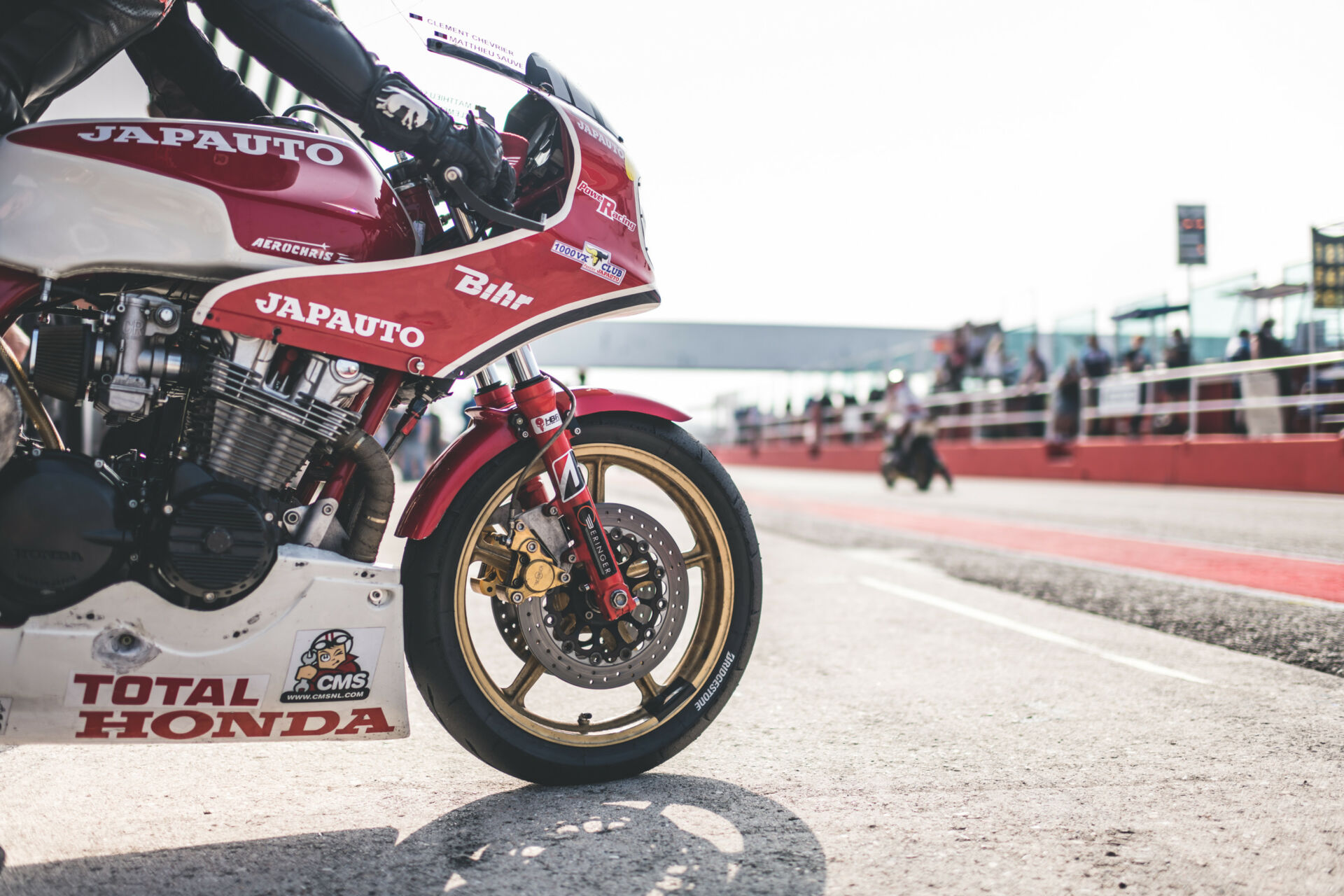 A Bridgestone Battlax front tire on a vintage racebike. Photo courtesy Bridgestone Americas Inc.