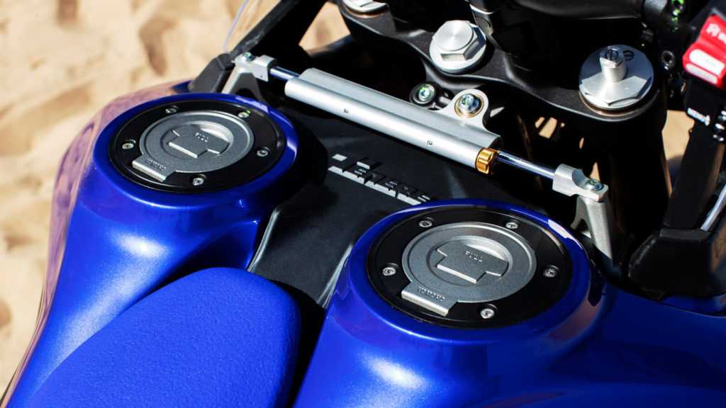 The 2022 Yamaha Ténéré 700 World Raid has dual side-mounted fuel tanks with a combined capacity of 6.0 gallons (23 liters). Photo courtesy Yamaha Motor Europe.