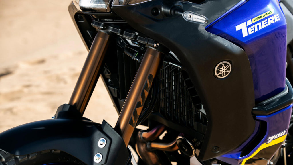 The 2022 Yamaha Ténéré 700 World Raid comes with 43mm KYB forks with 9.0 inches (230mm) of travel. Photo courtesy Yamaha Motor Europe.