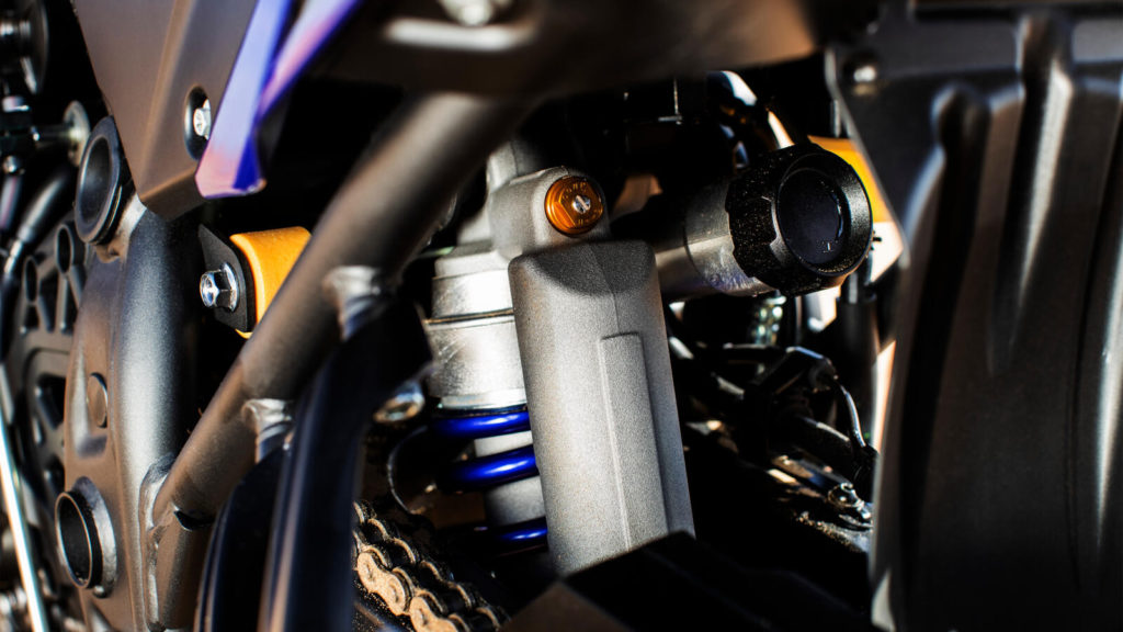 The 2022 Yamaha Ténéré 700 World Raid comes with a fully adjustable aluminum KYB shock with a remote spring preload adjuster and 8.7 inches (220mm) of travel. Photo courtesy Yamaha Motor Europe.