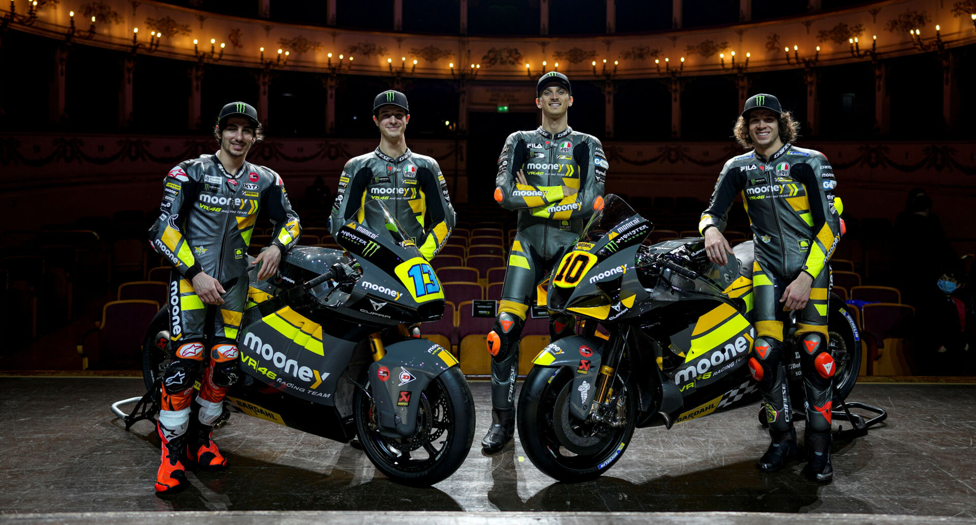 Mooney VR46 Racing Team riders (from left) Niccolo Antonelli, Celestino Vietti, Luca Marini, and Marco Bezzecchi. Photo courtesy Mooney VR46 Racing Team.