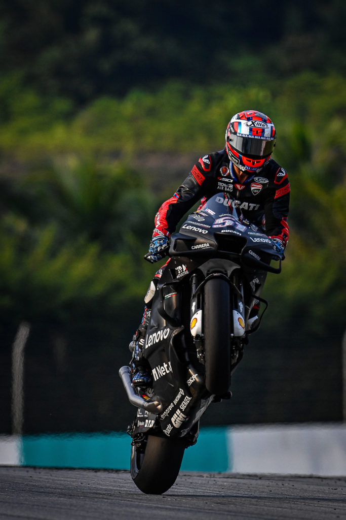 Michele Pirro's (51) test agenda apparently included Jack Miller-style wheelies. Photo courtesy Dorna.