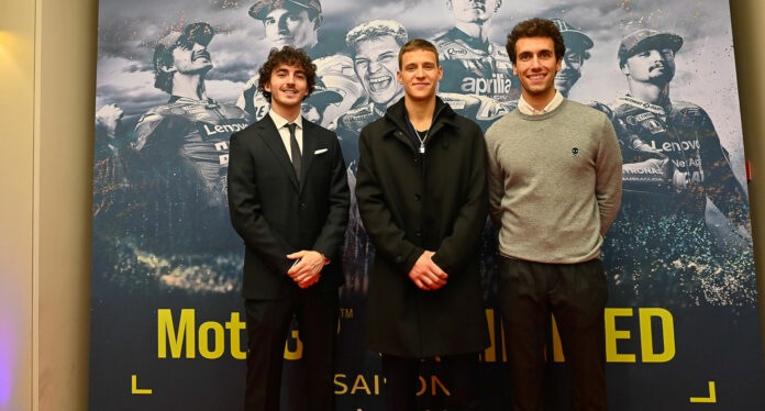 MotoGP racers (from left) Francesco Bagnaia, Fabio Quartararo, and Alex Rins at the screening of "MotoGP Unlimited" in Paris. Photo courtesy Dorna.