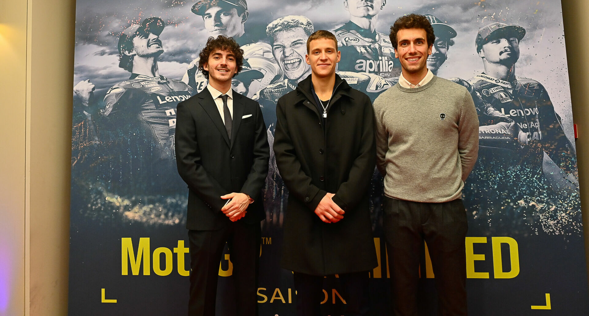 MotoGP racers (from left) Francesco Bagnaia, Fabio Quartararo, and Alex Rins at the screening of 