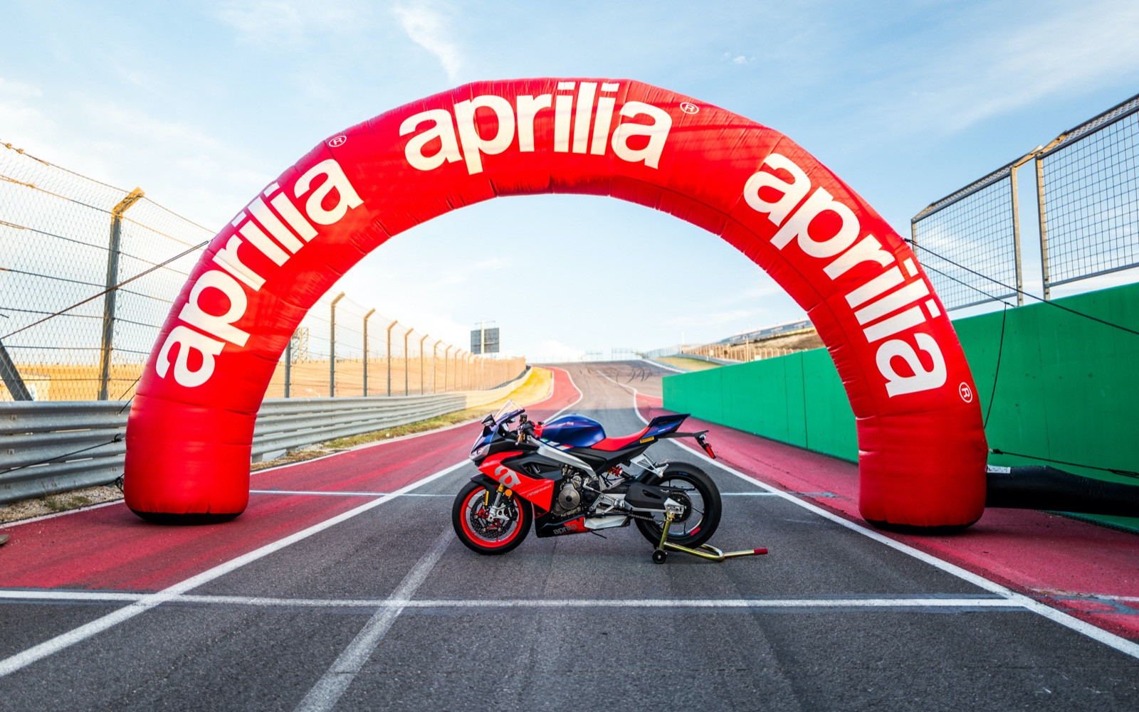 An Aprilia motorcycle on pit lane at Circuit of The Americas in 2021. Photo courtesy Aprilia.