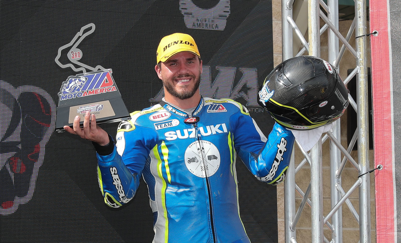 Hayden Gillim on the MotoAmerica Stock 1000 podium at Pittsburgh International Race Complex in 2021. Photo by Brian J. Nelson.
