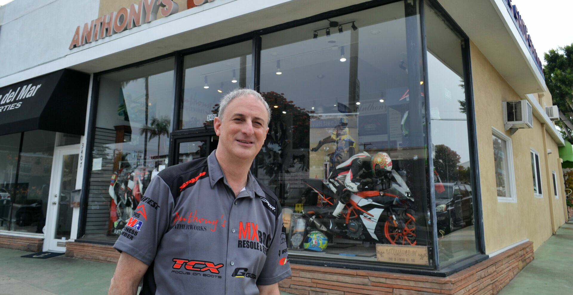 Anthony's Leatherworks owner Greg Sermabeikian in front of his shop in Corona del Mar, California. Photo by David Swarts.