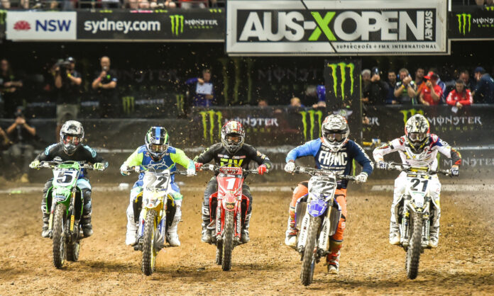 Action from an AUS-X Open Supercross event in Sydney, Australia. Photo courtesy SX Global.