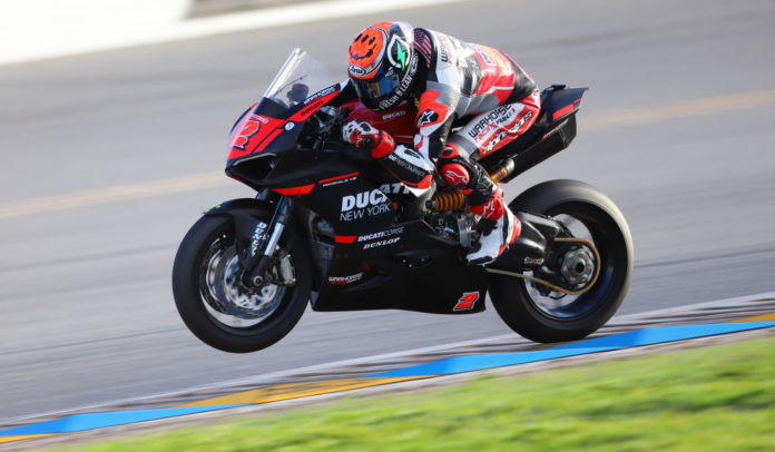 Josh Herrin (2) at speed on his Warhorse HSBK Racing Ducati New York Panigale V2 at Daytona International Speedway in January 2022. Photo by etechphoto.com.