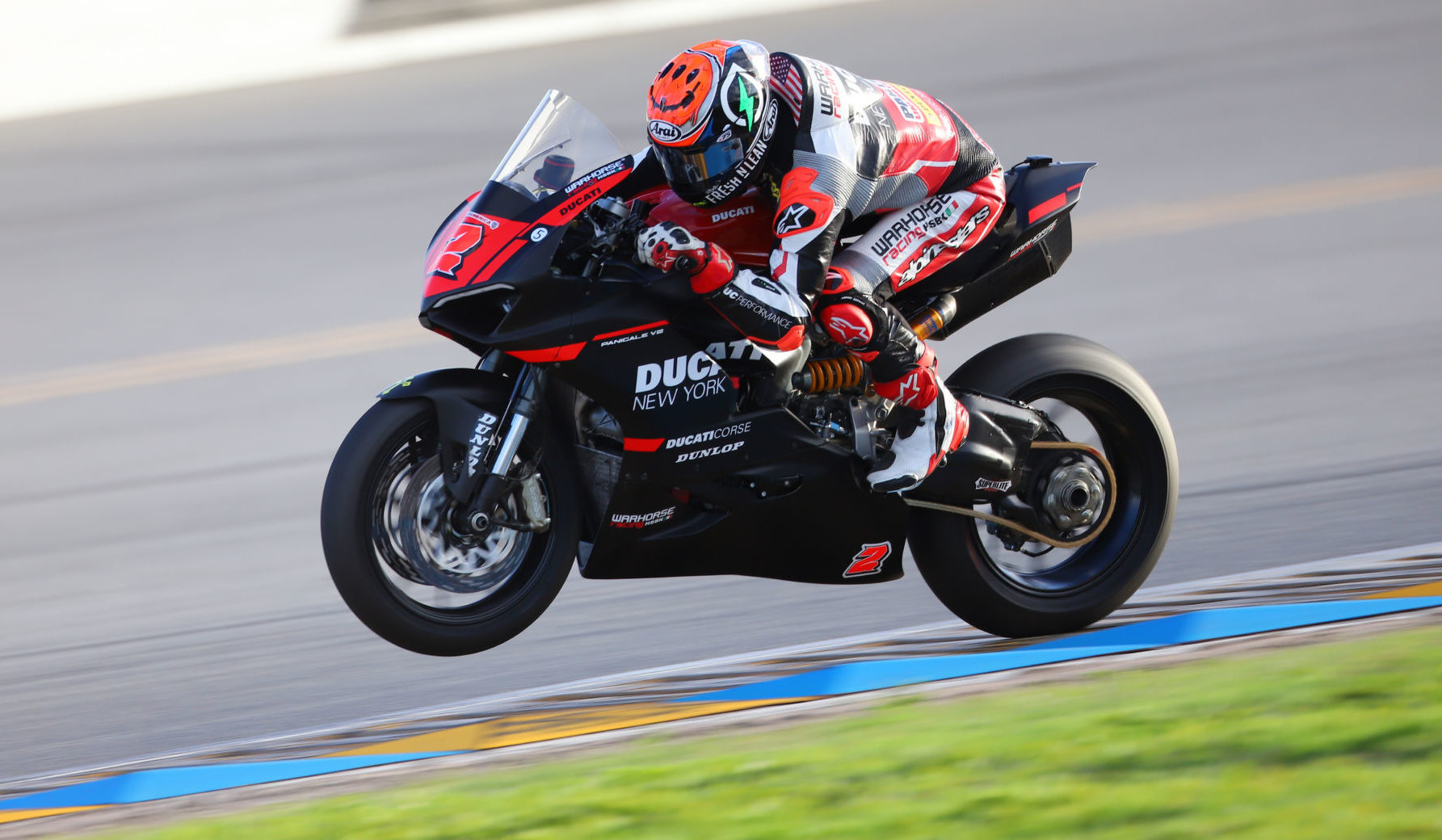 Josh Herrin (2) at speed on his Warhorse HSBK Racing Ducati New York Panigale V2 at Daytona International Speedway in January 2022. Photo by etechphoto.com.