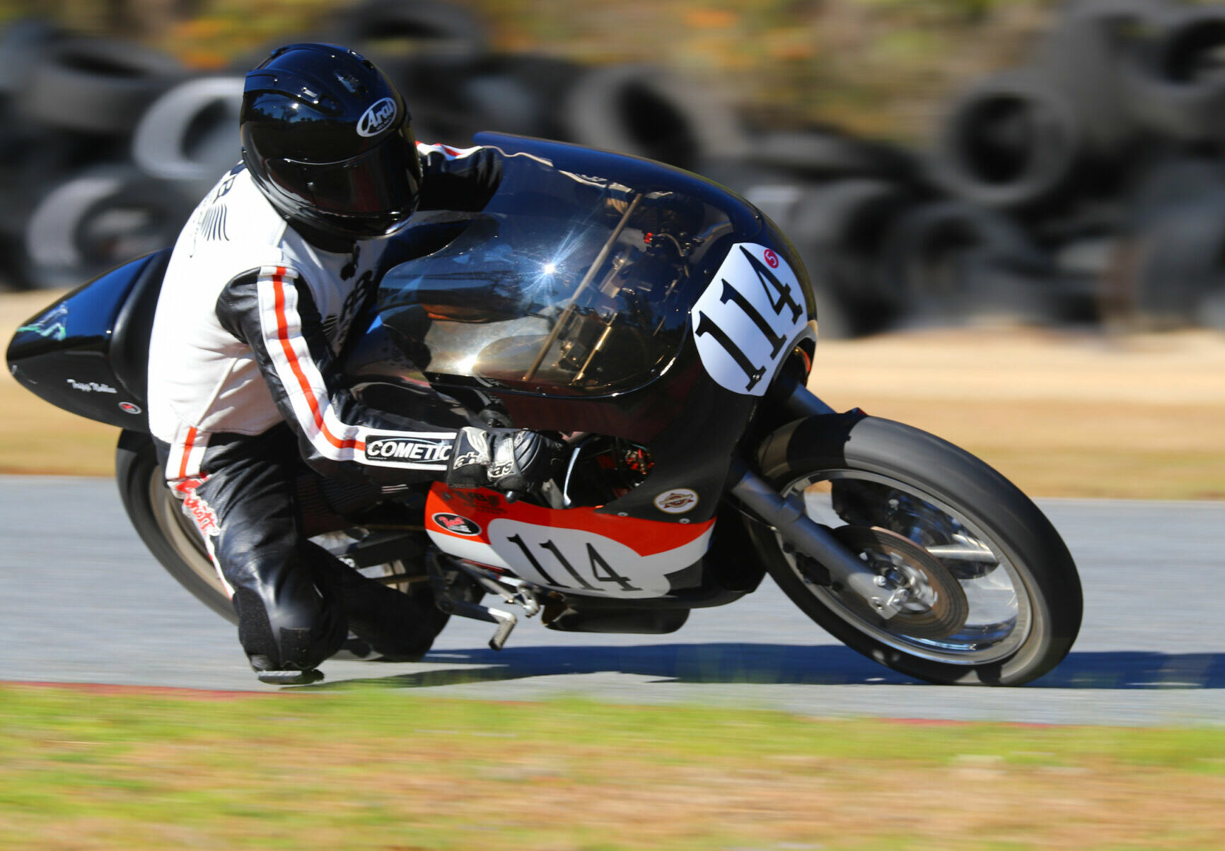 Tripp Nobles (114) won a Formula 750 race during the AHRMA event at Roebling Road Raceway. Photo by etechphoto.com, courtesy AHRMA.