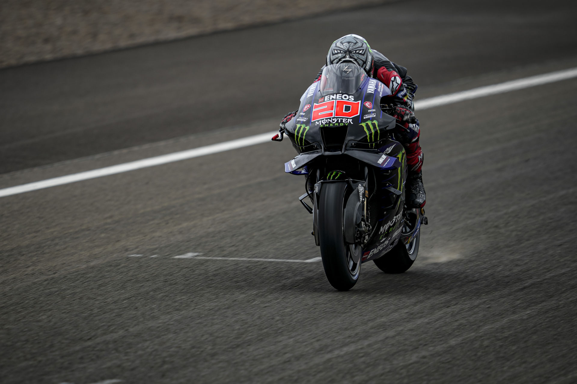 MotoGP World Champion Fabio Quartararo (20) kicking up dirt and asphalt during the recent test at Mandalika International Street Circuit in Indonesia. Photo courtesy Monster Energy Yamaha.