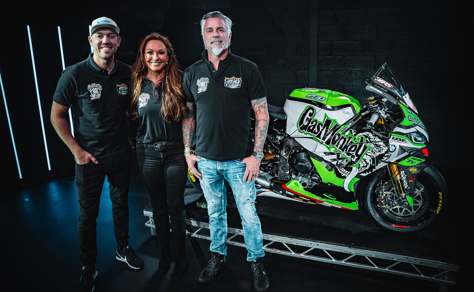 Peter Hickman (left), FHO Racing Team Owner Faye Ho (center), and Gas Monkey Garage's Richard Rawlings (right). Photo courtesy FHO Racing.