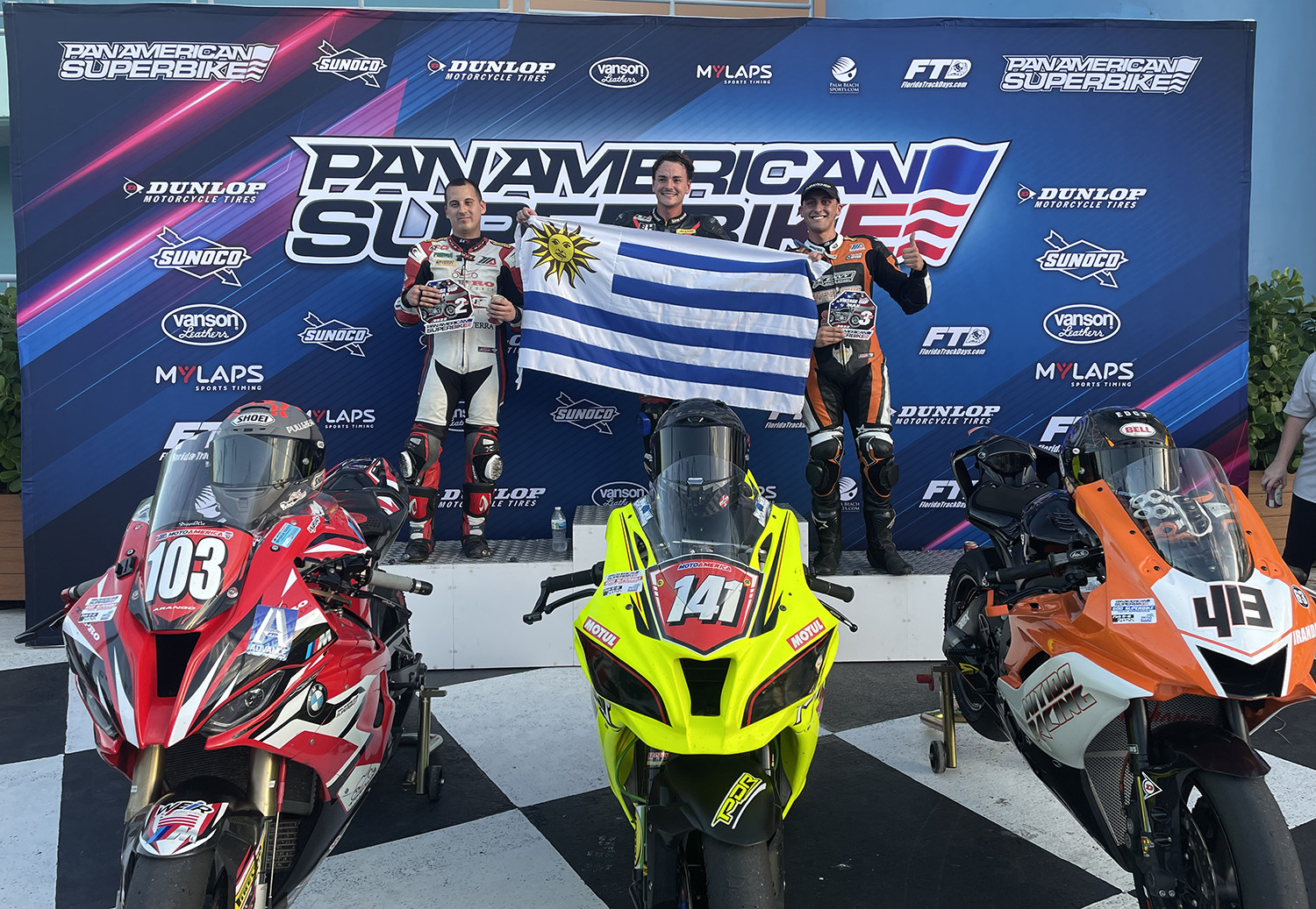 Sunoco Superbike 1000 race winner Maximilano Gerardo (center), runner-up Alex Arango (left), and third-place finisher Christian Miranda (right). Photo courtesy PanAmerican Superbike.