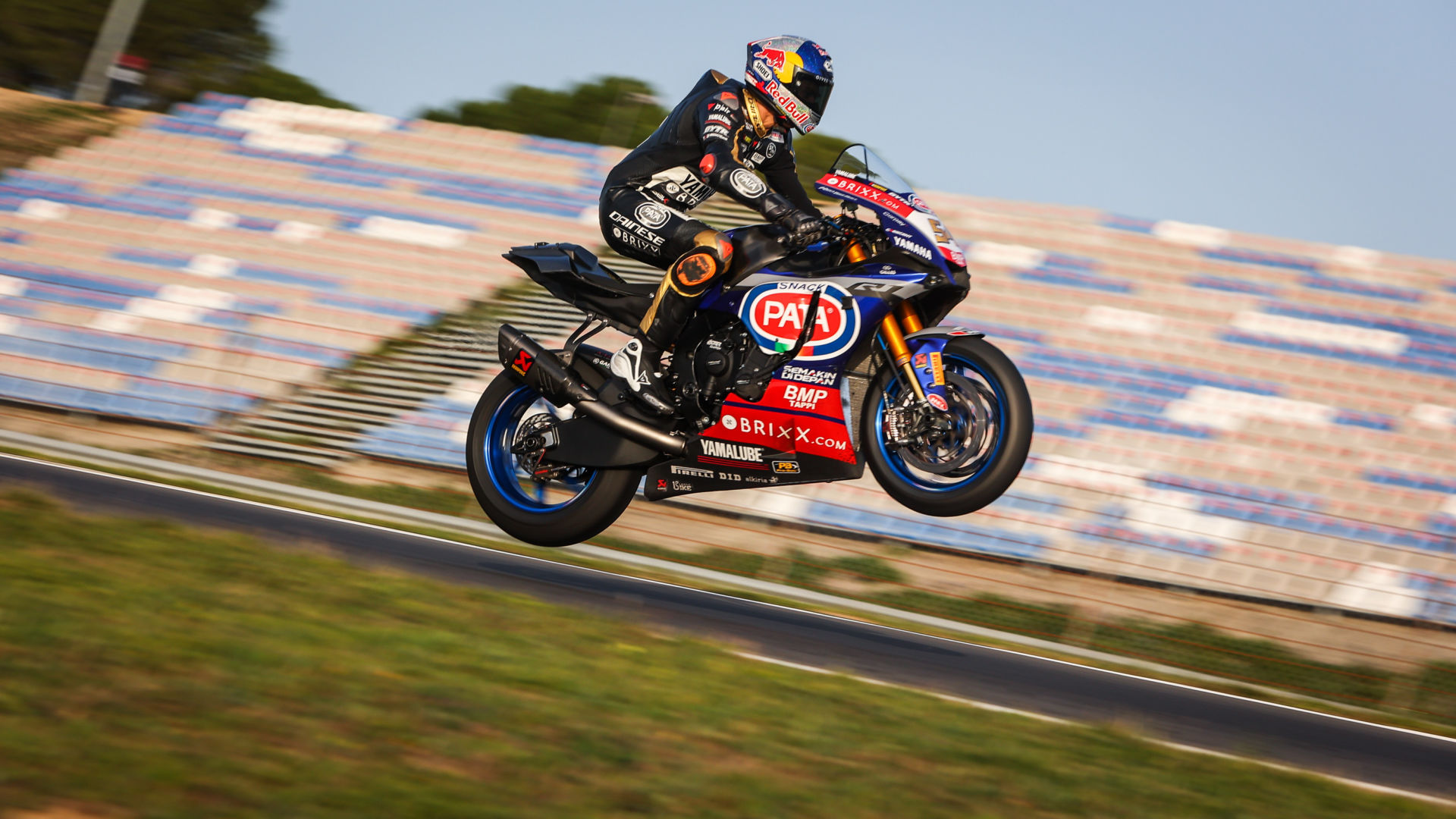 Toprak Razgatlioglu (54) catching air during Day Two of WorldSBK testing Wednesday at Algarve International Circuit, in Portimao, Portugal. Photo courtesy Dorna WorldSBK Press Office.