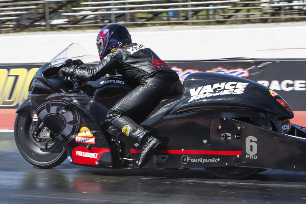 Angelle Sampey on a Vance & Hines-built Suzuki during the 2021 NHRA Pro Stock Motorcycle series. Photo courtesy Vance & Hines.