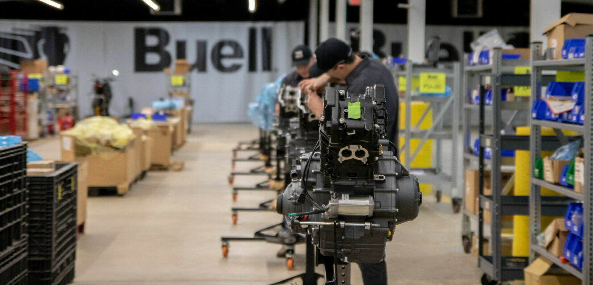 Buell 1190cc V-Twin engines rolling down the assembling line at the factory in Grand Rapids, Michigan. Photo courtesy Buell Motorcycle.