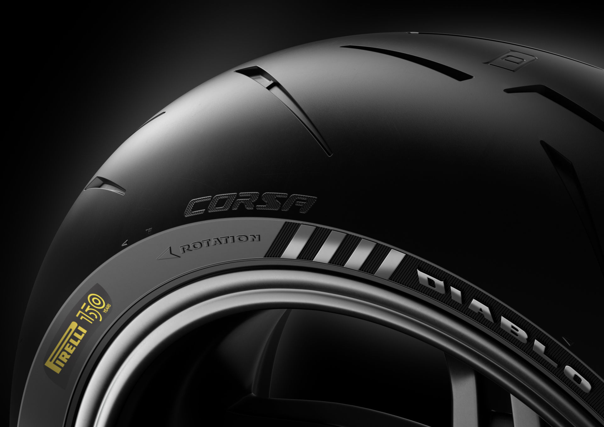 A closeup of a Diablo Rosso IV Corsa tire with a Pirelli 150th anniversary logo. Photo courtesy Pirelli.