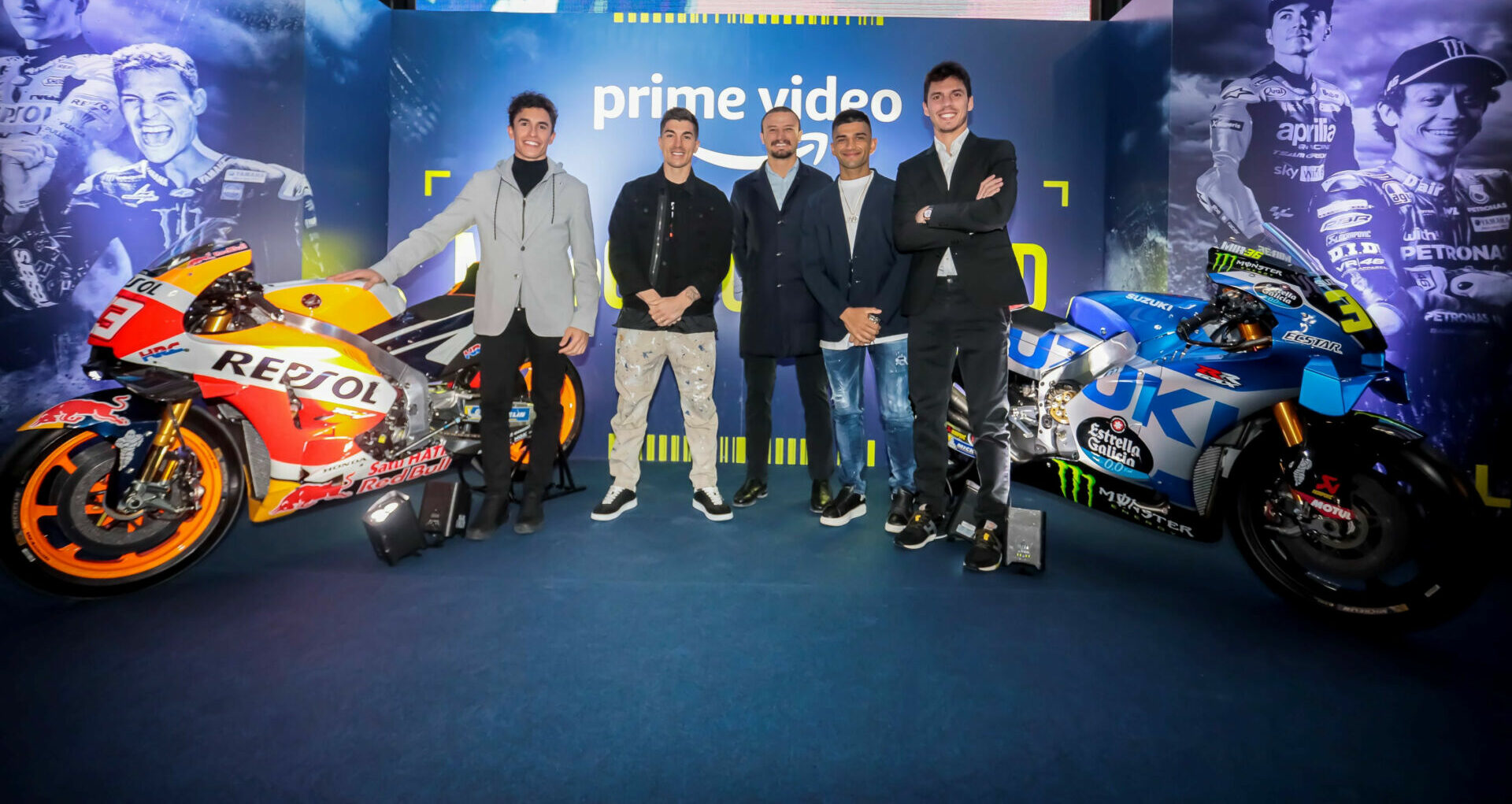 MotoGP racers (from left) Marc Marquez, Maverick Vinales, Jack Miller, Jorge Martin, and Joan Mir at the premiere of MotoGP Unlimited in Madrid, Spain. Photo courtesy Dorna.
