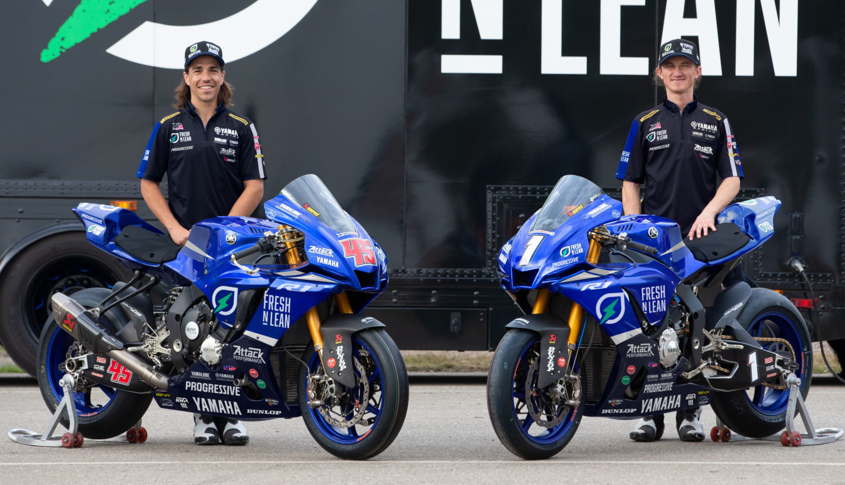 Defending MotoAmerica Superbike Champion Jake Gagne (right) with his new Fresh N Lean Progressive Yamaha teammate Cameron Petersen (left). Photo courtesy Yamaha Motor Corp., U.S.A.