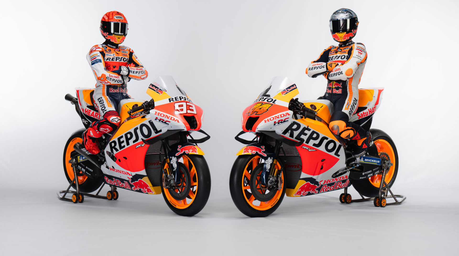 Marc Marquez (left) and Pol Espargaro (right) on their all-new Repsol Honda RC213V racebikes. Photo courtesy Repsol Honda.